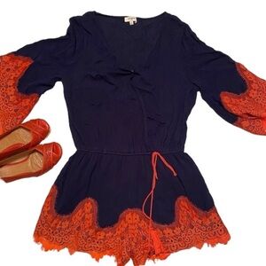 - Umgee romper. Navy Blue with lace orange, Size M, 3/4 sleeves.